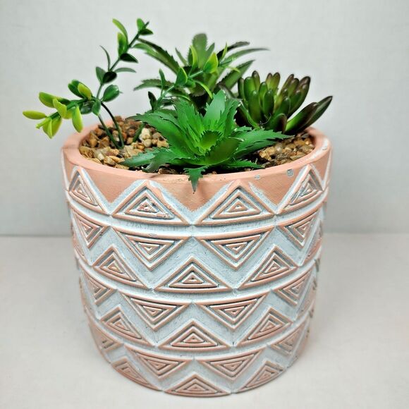 Modern Coastal Geometric Tribal Pattern Planter Pot w/ Faux Succulent Mix Peach - Picture 4 of 15